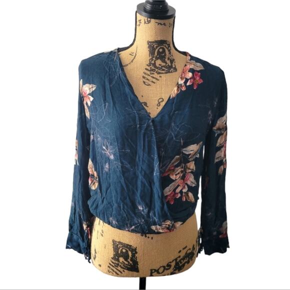 Small Zara blue floral faux wrap long sleeve bodysuit - Picture 1 of 6